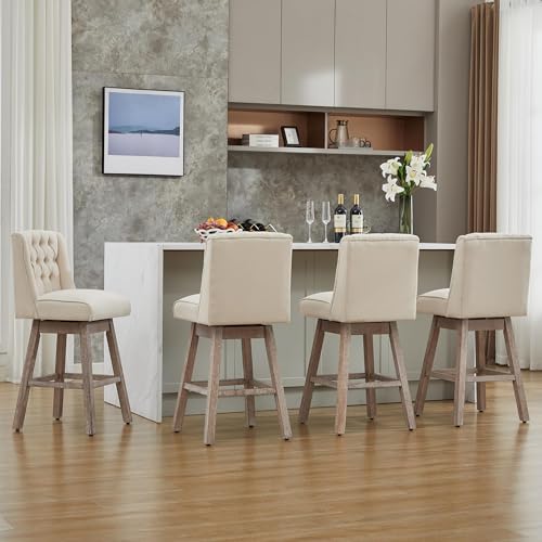Image of 28.5 inch Swivel Bar Stools Set of 2, Counter Height Barstools with Back, Linen Fabric Upholstered Bar Stools, Modern Barstools Wood Legs for Kitchen Island Dining Room Bar