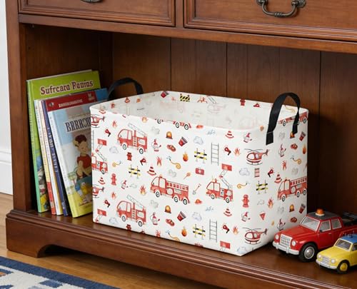 Image of Sanjiaofeng Rectangular Fire Engine Storage Basket,Kids Toy Storage Bin,Nursery Hamper,Kids Storage Basket with Handles,Home Organizer,Books Box,Gift Baskets,Car Room Decor(Fire Engines)