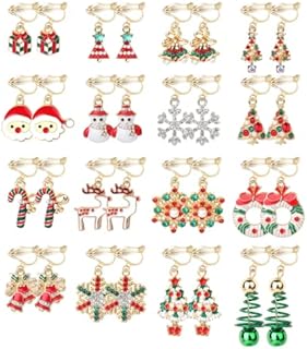 MILACOLATO 16Pairs Christmas Clip On Earrings For Women Girls Assorted Xmas Tree Jingle Bell Santa Elk Snowflake Drop Dangle Earrings Set Novelty Non Pierced Earrings Christmas Eve Jewellery Gift