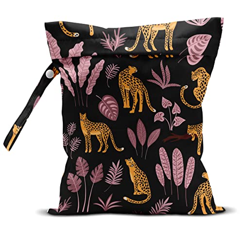 Image of zcyxuuw Wet Dry Bag for Swimsuit, Travel, Beach, Pool, Diapers, Gym Clothes, Makeup, Camping Accessories - Waterproof Reusable Jungle Tropical Leaves Cheetah Print