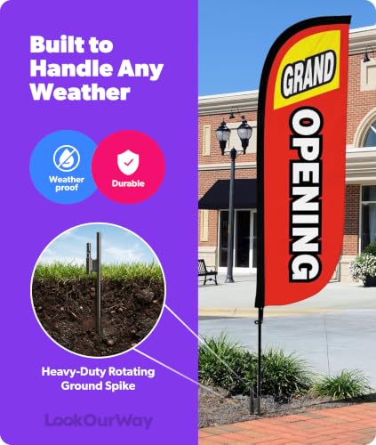 Image of LookOurWay Feather Flag Pole Kit - 7 Feet Tall Advertising Banner with Fiberglass Pole Set and Ground Spike for Business Promotion - Open Flags - Grand Opening Red & Yellow