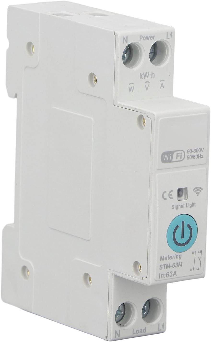 63A Smart Circuit Breaker, Switch with APP Remote Control, Timer & Voice Control, Power Metering, Suitable for Din Rail, IP20 Level, 1P, 90-300V, PVC Material
