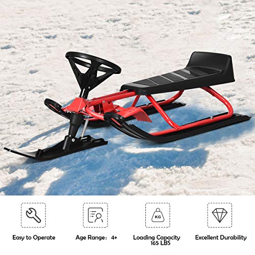 Goplus Snow Racer Sled, Ski Sled Slider Board With Steering Wheel, Twin Brakes, Retractable Pull Rope, For Kids Age 6 & Up, Holds Two Children Or A Teenager (Reinforced Version) #TOP6