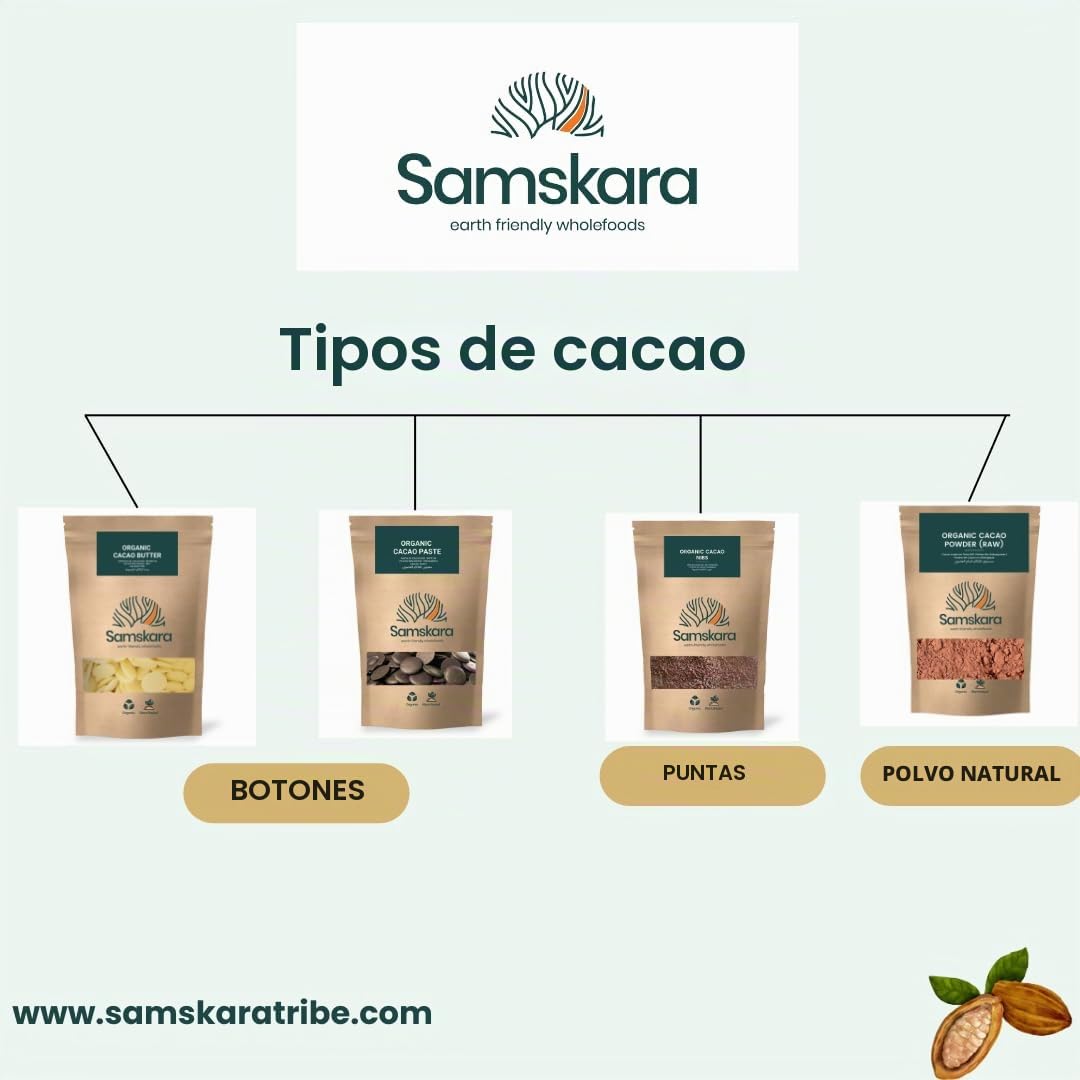 Samskara Nibs de Cacao Crudo y Premium de Perú, Cultivo Ecológico, Vegano, 1kg, 100% Natural, Puro, Sabor Intenso a Cacao, Sin Procesar