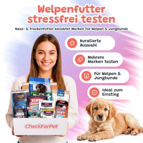 CheckForPet Hundefutter Probierpaket Junior – Welpenfutter Probierbox für Welpen & Junghunde mit Nassfutter und Trockenfutter, Hundefutter trocken & nass von Top-Marken, Geschenkidee