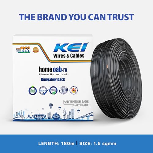 Image of KEI WIRES & CABLES Homecab 1.5 sqmm 1 Core 99.97% Pure Copper Conductor Flame Retardant House Wire PVC Insulated Cable for Domestic & Industrial Electrical Wiring (Black, 180 Meters)