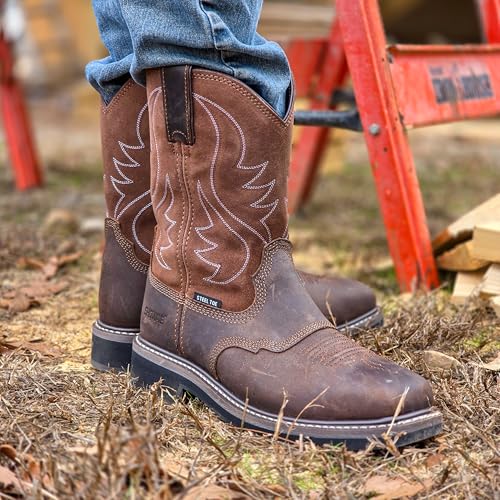 Image of Showave Steel Toe Cowboy Boots for Men Western Square Toe Work Boot Full-grain Leather Safety Boots with Hazard Protection for Construction Manufacture Farming
