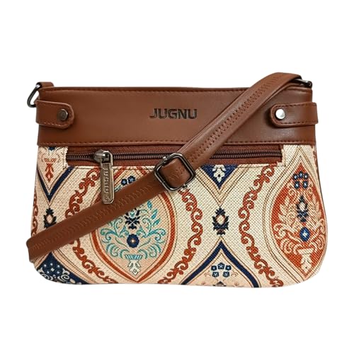 Image of JUGNU Sling Bag for Women, Jute Fabric, Crossbody Style, Slim Design, Multicolour, Medium Size, Lightweight, Adjustable Strap, Zipper Closure, 5 Pockets