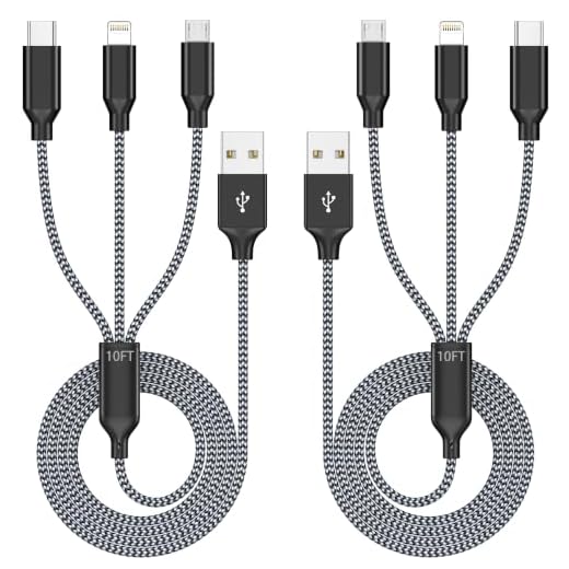 Long 3 in 1 Multi Charging Cable 10ft 2Pack,MFi Certified fast charger cord | charging cords for multiple devices with L Port, Type C,Micro USB for iPhone 17-5, Android and Travel Essentials