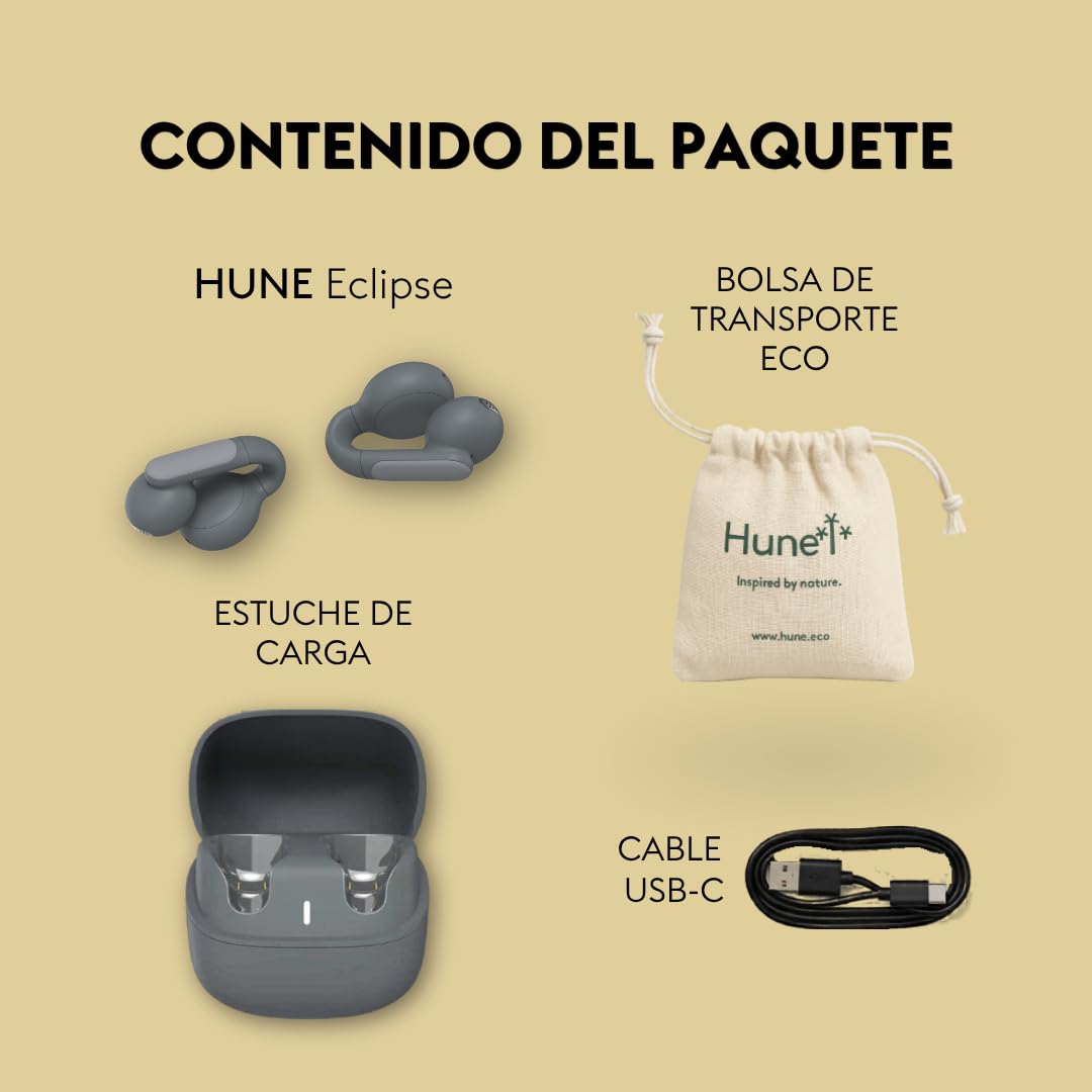 HUNE Eclipse Auriculares Open Ear Bluetooth 5.3, Conducción Aérea OWS, Diseño Clip-On Cómodo, Ajuste Seguro para Deporte y Oficina, Micrófono Dual, Multipoint, USB-C, Gris