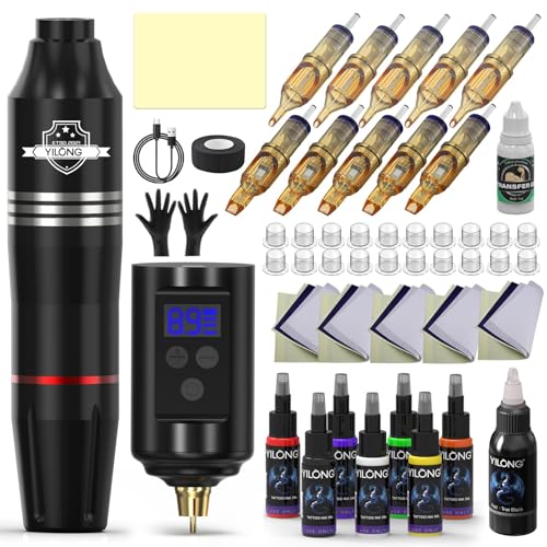 Wireless Tattoo Kit for Beginners - Tattoo Machine with 1200 mAh Capacity Power Supply, Tattoo Pen Kit with 10Pcs Tattoo Cartridge Needles Transfer Papers and 3mm Tatoo Practice Skin