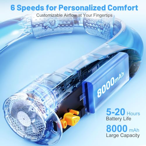 Image of AI Portable Neck Fan with 6 Powerful Speeds, 8000mAh Battery Operated USB-C Rechargeable Fan, Hands-Free 360 Cooling Neck Fan,Twistable,Ultra-Quiet Personal Fan for Women Men Office Travel(Black) | 20H Runtime, Hands-Free 360 Cooling Personal Wearable Neck Fan, Gift for Women Men Travel Concerts