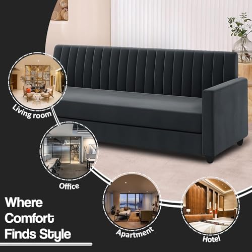 Image of 3 + 2 Seater Sofa Set Wooden Velvet Fabric 5 Seater Sofa Set & Ottoman Stylish, Comfortable Seating & Space Saving Design for Home & Office - Black