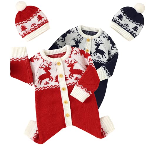 Baby Strampler Langarm Weihnachten Gestrickt Strampler Rot Neugeborenes Kapuzenpullover Lange Ärmel Wärmer Onesies Elchmuster Gestrickte Outfit für Jungen Mädchen Größe 66 (0-3 Monat) Cover