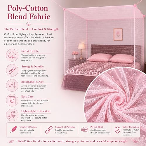 Image of Mosquito Net for King Size Bed & Double Bed (6x7 ft, Wall /Hook Hanging) Poly-Cotton Blend Fabric with Zigzag Wave Line Pattern, Pre-Fitted Bottom & Cotton Ribbon (Pearl Pink)