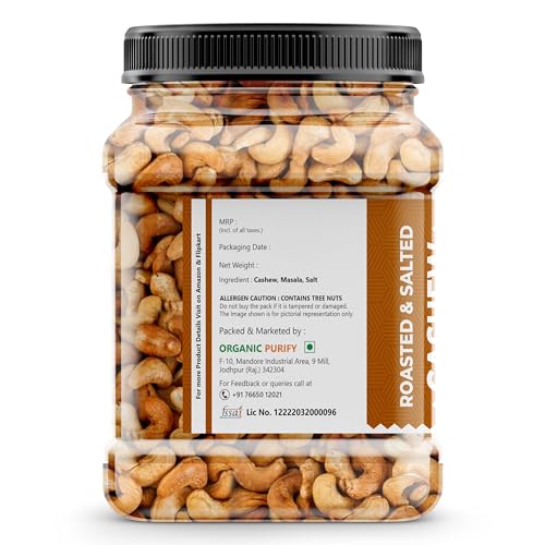 Image of Organic Purify Roasted and Salted Cashew Nuts 500 GM | W320 Grade | Premium Crunchy Kaju | Low Sodium, Oil-Free | Jar Pack