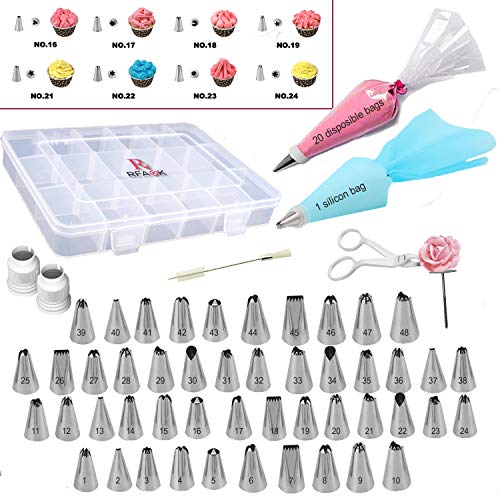 74 PCs Piping Bags and Tips-48 Numbered Piping Tips Pastry bags with Pattern Chart EBook- Flower LifterNail Frosting Icing tips Cupcake Cookie Cake decorating tips supplies kit baking tools