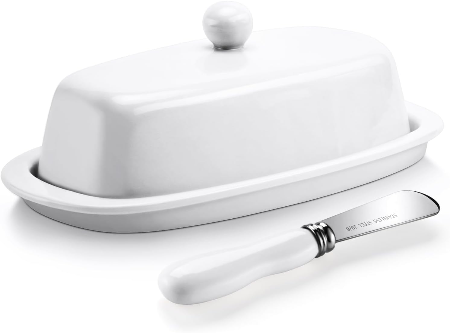 Yedio Ceramic Butter Dish with Lid and Knife for Countertop Refrigerator, 8 Inch White Butter Holder with Porcelain Cover Knob Handle for East West Coast Butter Stick