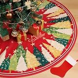 Multiwins Christmas Tree Skirt 48 Inch, Red Christmas Tree Skirt with Christmas Tree and Star Design, Thick Flannel Fabric, Xmas Tree Skirt for Holiday Decorations