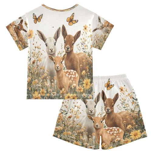 ALAZA Watercolor Deer Butterfly Flower Pajamas Set Short Sleeve Cotton Sleepwear Summer Pjs 2 Piece 5-14Y2