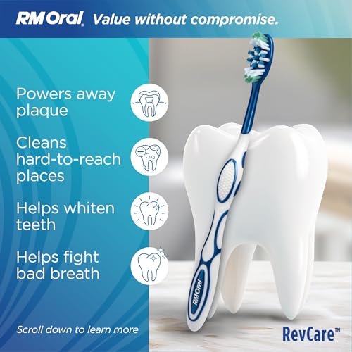 Image of RM Oral RevCare Medium Toothbrush, Circular Power Bristles Power Away Plaque, Tongue & Cheek Cleaner Fights Bad Breath, 4 Count
