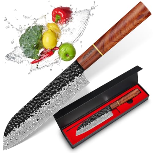 BILLION DUO Sharp Damascus Santoku Knife With Damascus Steel Blade, Rosewood Handle for Meat, Fruits, Vegetables - Professional Chef's Choice in Gift Box