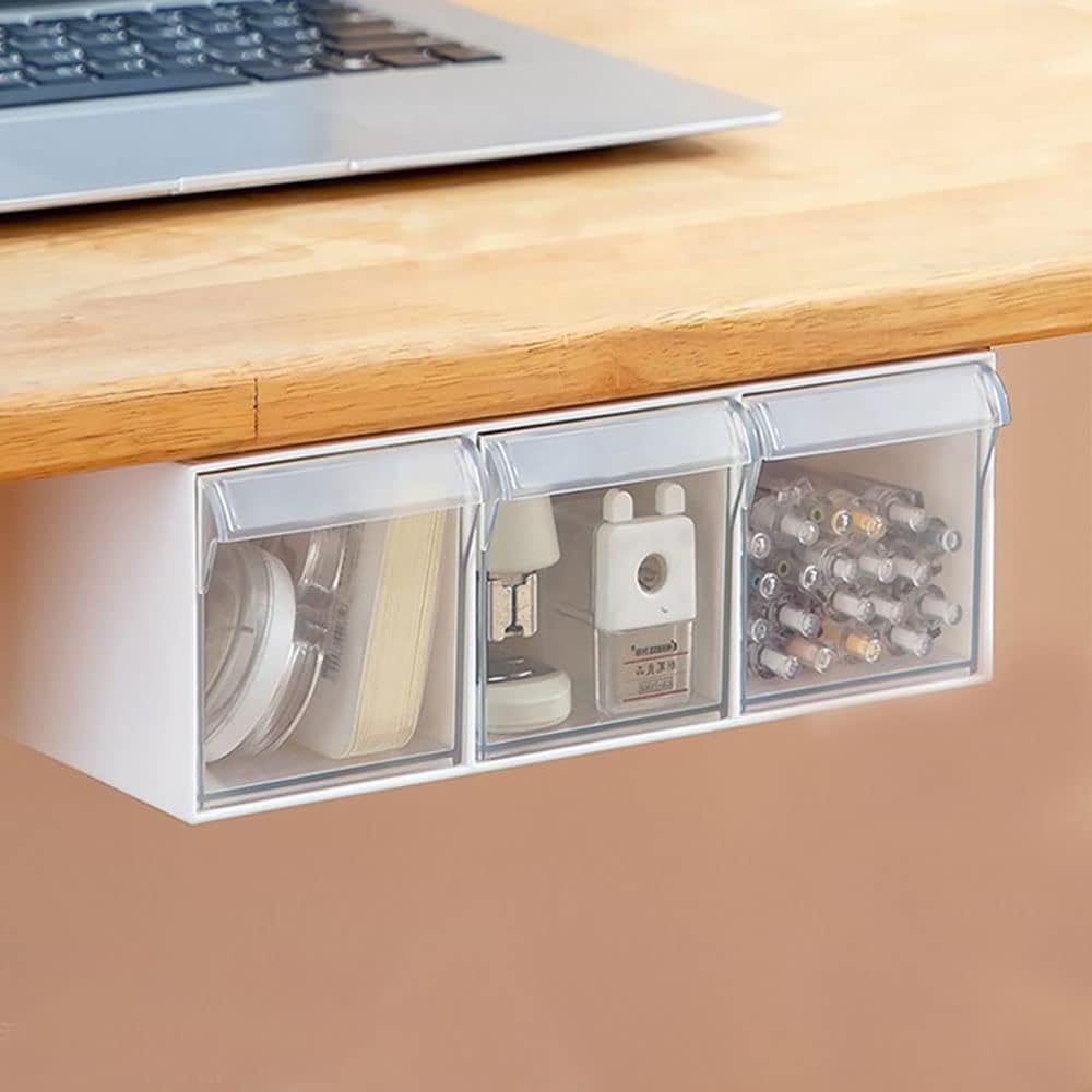 Under Desk Drawer Storage with 3 Drawers, Large Under Desk Table Drawer Storage Organizer, Drawer Organizer Slide Out, Plastic Stick on Drawer White