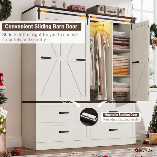 Farmhouse 4 Doors Armoire Wardrobe Closet w/Folding Sliding Barn Door and Lights, LED Armoire Closet w/Drawers for Bedroom, Freestanding Wooden Wardrobe Storage Closets w/Hanging Rod,Antique White - Thumbnail 3
