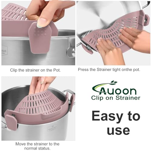Image of Large AUOON Clip on Strainer for All Pots and Pans - Oversized Silicone Pot Strainer Family-Style Design Pasta Strainer Kitchen Colander for Spaghetti and Noodles | Dishwasher Safe