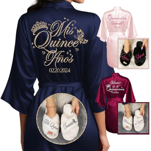 Quinceanera Robes and Slippers Set for Mis XV Anos & Quince Squad, Mama de la Quince, Abuela & Hermana Gift