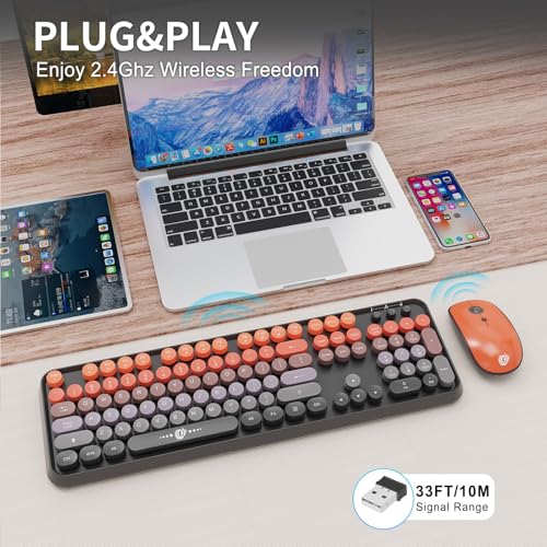 Image of Wireless Keyboard and Mouse Combo, 2.4G USB Cordless Round Keyboard and Mouse for Laptop Computer TV (102 Keys Black Orange)