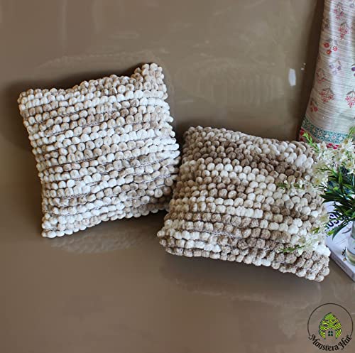 Image of Monstera Hut Boho POM POM Light Wheat Cushion Cover Pack of 1, (Cushion Cover 16x16inch) (40.6 x 40.6 cm) - (Pack of 1)