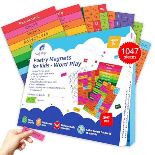 1047 PCS Magnetic Poetry Kit for Kids - Refrigerator Fridge Magnets for Kids, Word Magnets for Fridge, Sentence Building, Magnetic Sight Words, Sentence Magnets to Write Poems, Stories - Simply Magic