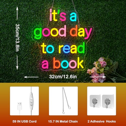 Image of Book Neon Sign for Classroom, Bedroom Reading Wall Sign LED Neon Light for Book Lovers USB Powered Dimmable Reading Nook Decor with Colorful Glow It's a Good Day to Read a Book