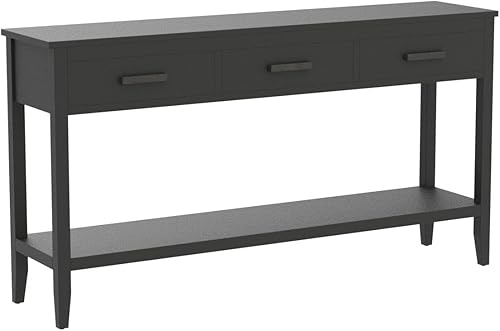 Miniatura 4 de Mesa consola industrial contemporánea con 3 cajones, mesa de vestíbulo vintage con 1 estantes de almacenamiento, mesa de entrada estrecha y larga