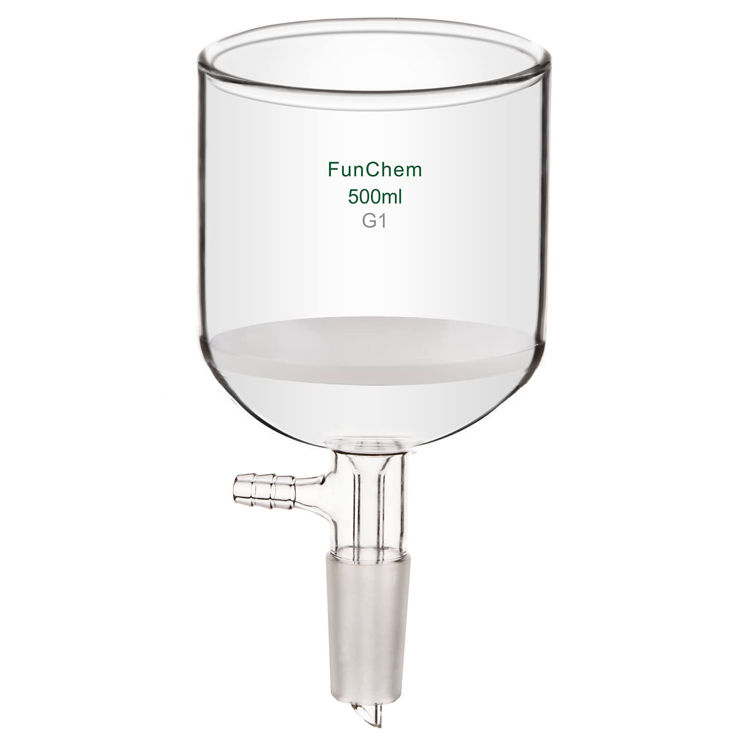 FunChem Filtering Buchner Funnel with Coarse Frit (G1), Borosilicate Glass Filtering Funnel with 24/40 Standard Taper Inner Joint and Vacuum Serrated Tubulation, I.D. 94 mm, 100 mm Depth, 500 mL