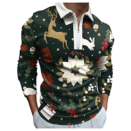 Camiseta de Navidad para hombre de manga larga a cuadros, polo de Navidad para hombre, divertido, a la moda, camisa de Navidad con cremallera 1/4, cuello reversible, ropa de Navidad, camisa de ocio