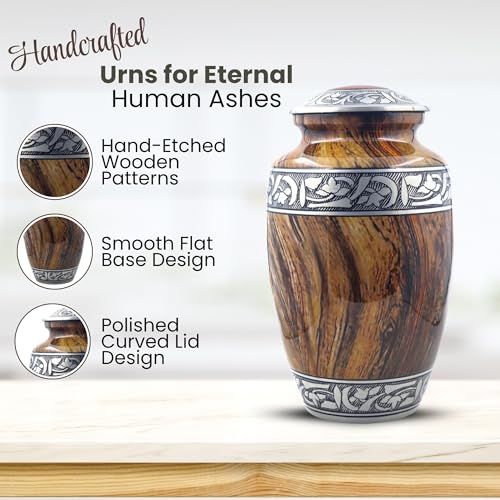 Image of Floral Silver Engraved Cremation Urn for Human Ashes Adult - Handcrafted Funeral Memorial Ashes Urn - Keepsake - Bag Included (Wood Texture) (70 Cubic Inches)