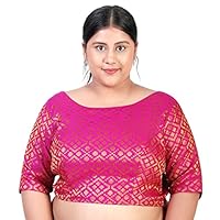 Studio Shringaar Women's Plus Size Brocade Elbow Length Sleeves Saree Blouse(Pink, 48)