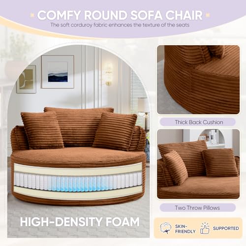 Image of Antetek 53.5-inch Round Chair, Modern Accent Corduroy Comfy Deep Seat Boneless Foam Floor Single Circle Chaise Sofa Chair with 3 Pillows for Living Room Bedroom Office, No Assembly Required, Orange