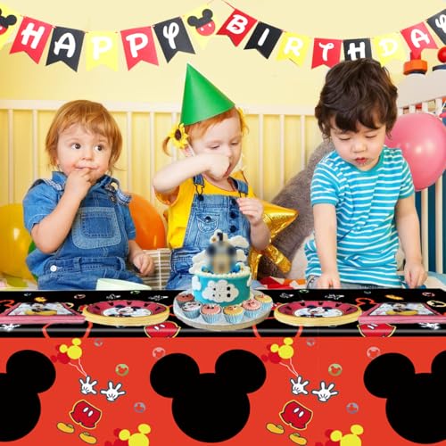 Nyhpar 3PCS Mouse Party Tablecloth, Black Red Plastic Tablecover Disposable Table Cloths Decor for Boys 1st 2nd 3rd Party Decorations Supplies, 86.6 x 51.2in