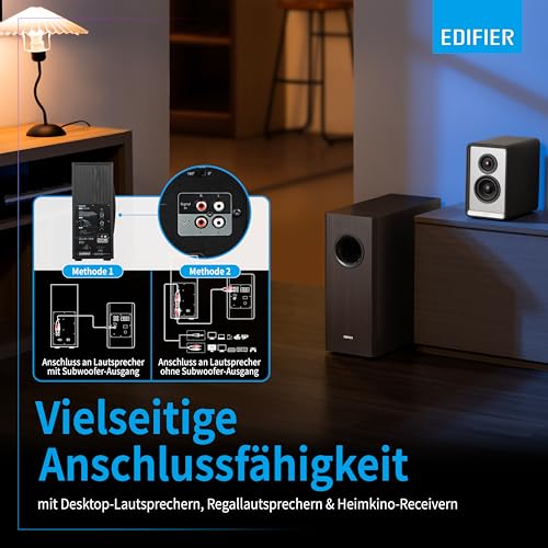 Edifier T5s AKTIV-SUBWOOFER – 8-Zoll-Tieftöner – 70 Watt – Low-Pass-Filter – Frequenz bis 35Hz – MDF-Gehäuse für reduzierte Resonanz – Standby – Cinch-Anschlüsse – Zeitloses Design