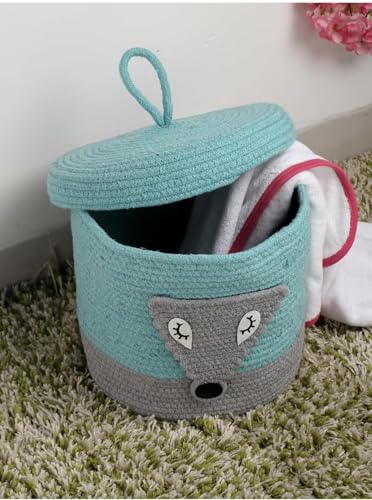 Image of Aroma Brand Kids Lid Hamper with Beautiful Characters - Rope Storage Hamper for Baby Diaper, Stuffed Animal Storage Bin Rope Hamper for Kids Toy, Baby Laundry Baskets with Lid (Sea Green Fox)