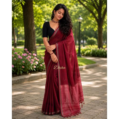 Image of Narayanpet Pure Cotton Avani Border Saree for Women with Running Blouse | Tassels | Traditional Woven Solid Design | Handloom Weave