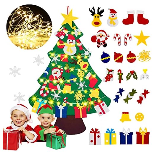 Filt julgran LED-lampor kedjor julgran med 30 st avtagbara ornament gör-det-själv julgran för barndörr väggdekor