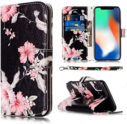 JanCalm Compatible with iPhone X Case/iPhone Xs Case, Floral Pattern Premium PU Leather Wallet - Wrist Strap Card/Cash Slots Stand Flip Cases Cover for iPhone X/XS (Black/Flower)