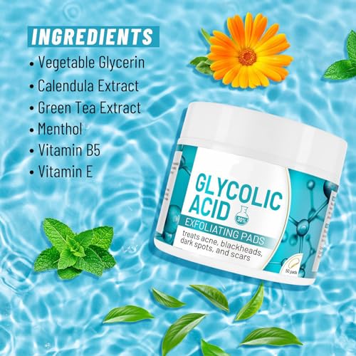 Thnkstaps 50 Pads Glykolsäure-Peeling-Pads Glykolsäure 30% Resurfacing Pads Face Cleansing Repair Pad reduziert feine Linien und Falten, behandelt dunkle Flecken, Narben