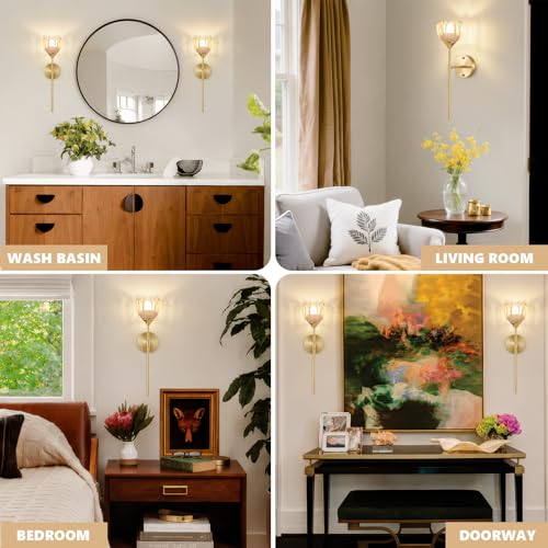 Image of Vintage Battery Operated Wall Sconce Set of 2, Amber Tulip Glass Lampshade Wireless 5300 mAh Rechargeable Battery Powered LED Wall Light with Remote Dimmable for Bedroom Bathroom Living Room