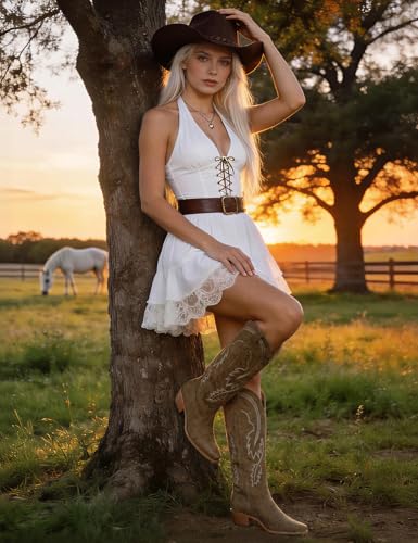 QIY Cowgirl Boots Women Embroidered Brown Tan Cowboy Boots for Women Nashville Camel Pointed Toe Block Heel Knee High Western Cow Girl Boot Size 6.5 — view 3