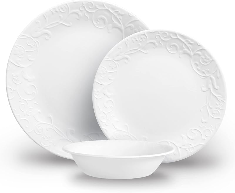 Corelle Juego de vajilla Bella Faenza de 12 piezas para 4 - Vidrio 3 veces más duradero, la mitad del peso de cerámica, hasta 80% reciclado | Mitad de Peso de Cerámica, hasta un 80% Reciclada